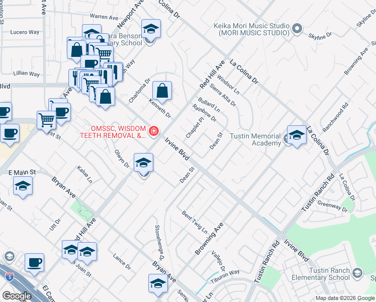 map of restaurants, bars, coffee shops, grocery stores, and more near 1642 Tiffany Place in Santa Ana