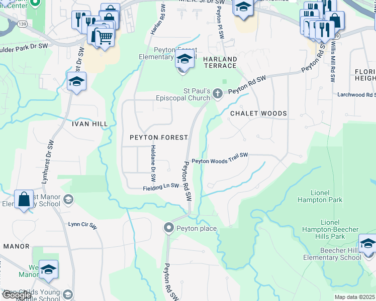 map of restaurants, bars, coffee shops, grocery stores, and more near 414 Peyton Road Southwest in Atlanta