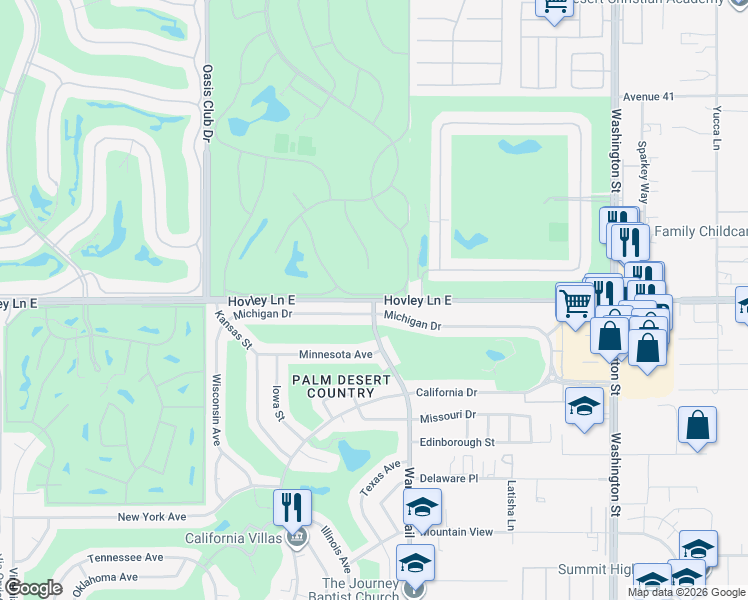 map of restaurants, bars, coffee shops, grocery stores, and more near Hovley Lane East & Warner Trail in Palm Desert