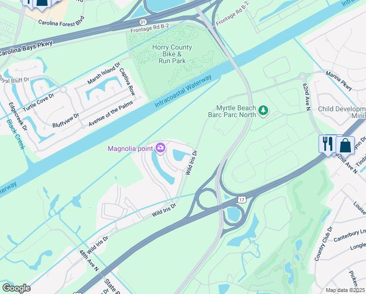 map of restaurants, bars, coffee shops, grocery stores, and more near 4847 Luster Leaf Circle in Myrtle Beach