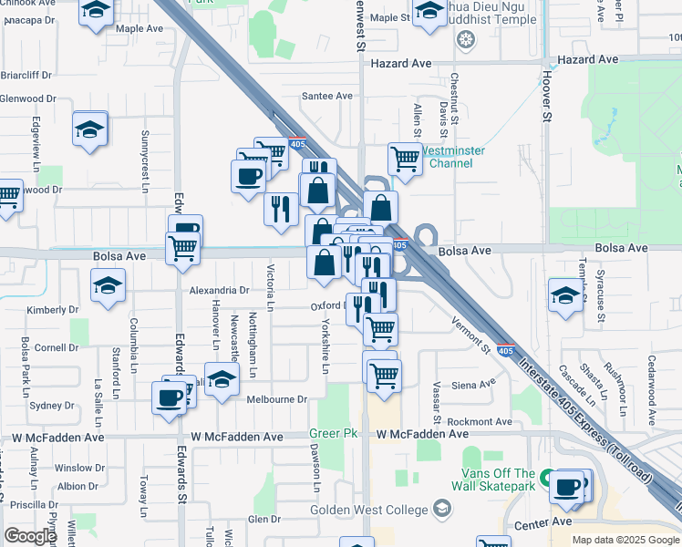map of restaurants, bars, coffee shops, grocery stores, and more near 15001 Goldenwest Street in Huntington Beach