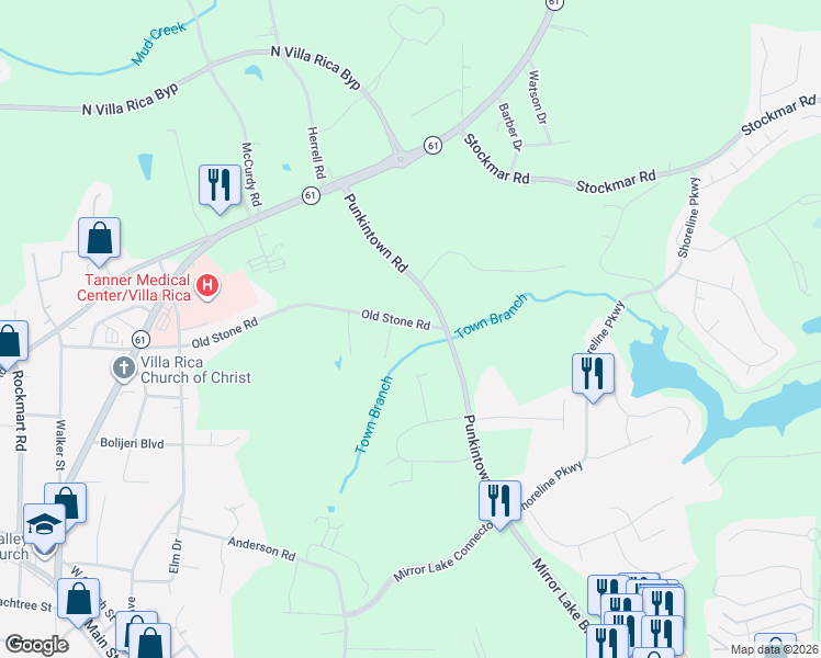 map of restaurants, bars, coffee shops, grocery stores, and more near 34 Old Stone Road in Villa Rica
