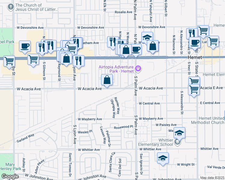 map of restaurants, bars, coffee shops, grocery stores, and more near 1211 West Acacia Avenue in Hemet