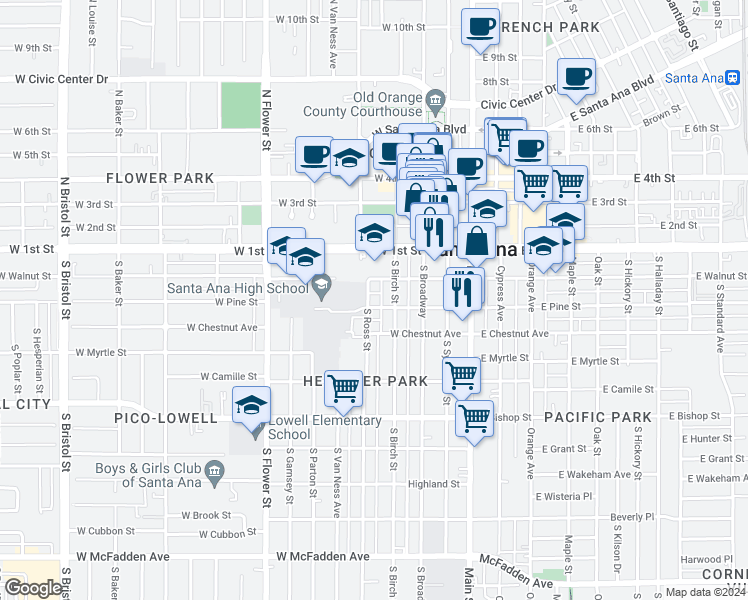 map of restaurants, bars, coffee shops, grocery stores, and more near 217 South Ross Street in Santa Ana