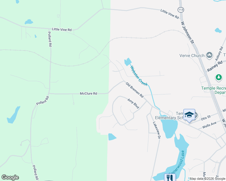 map of restaurants, bars, coffee shops, grocery stores, and more near 62 McClure Road in Temple