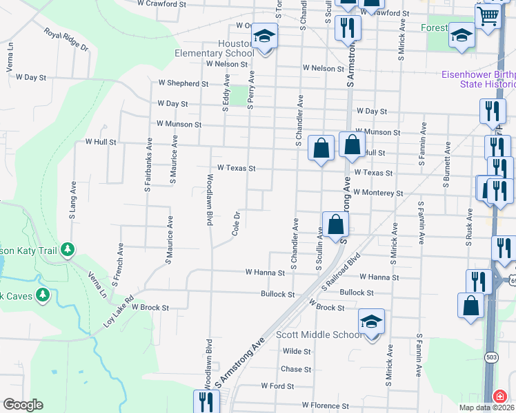 map of restaurants, bars, coffee shops, grocery stores, and more near 1217 South Treece Avenue in Denison