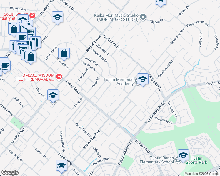 map of restaurants, bars, coffee shops, grocery stores, and more near 1831 Cockscrow Lane in Santa Ana
