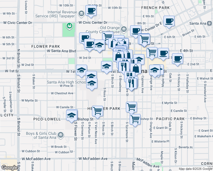 map of restaurants, bars, coffee shops, grocery stores, and more near 221 South Ross Street in Santa Ana