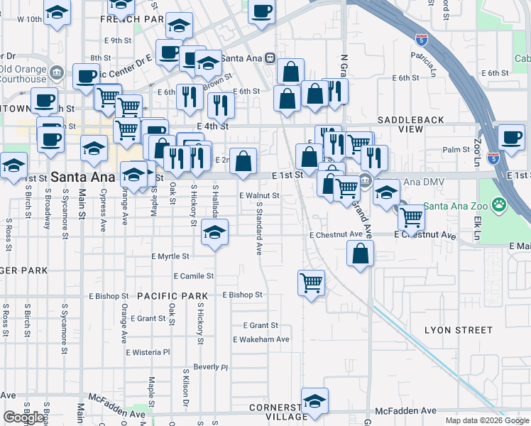 map of restaurants, bars, coffee shops, grocery stores, and more near 905 East Pine Street in Santa Ana