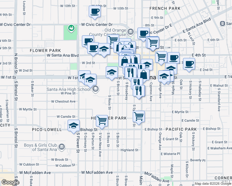 map of restaurants, bars, coffee shops, grocery stores, and more near 414 West Walnut Street in Santa Ana