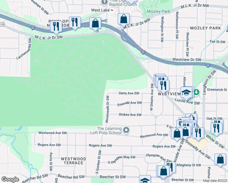 map of restaurants, bars, coffee shops, grocery stores, and more near 1749 Derry Avenue Southwest in Atlanta