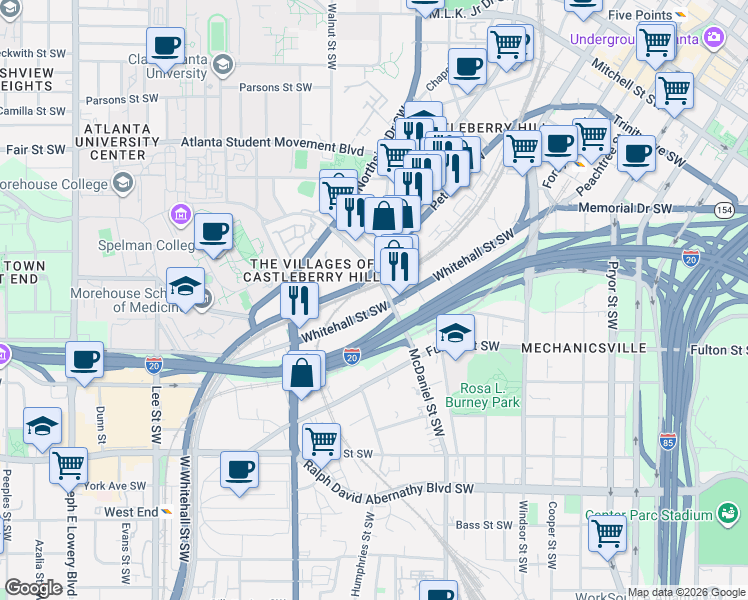 map of restaurants, bars, coffee shops, grocery stores, and more near 523 Whitehall Street Southwest in Atlanta