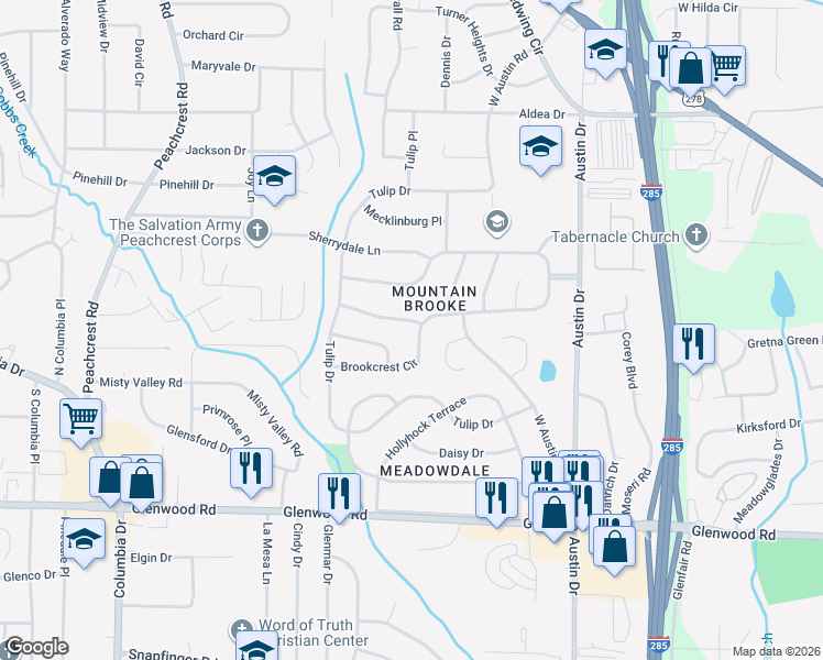 map of restaurants, bars, coffee shops, grocery stores, and more near 3694 Brookcrest Circle in Decatur