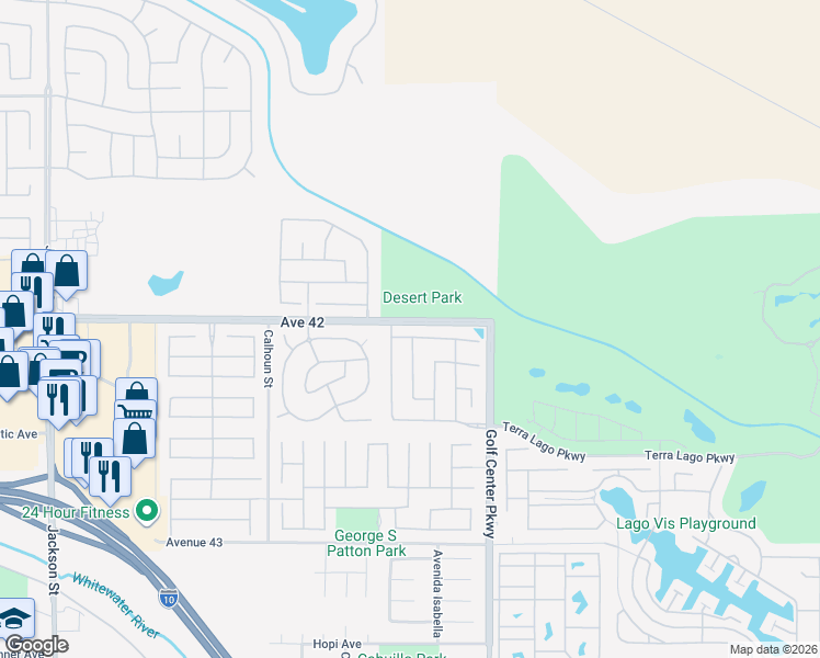 map of restaurants, bars, coffee shops, grocery stores, and more near 83814 Wolf Creek Road in Indio