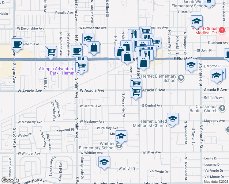 map of restaurants, bars, coffee shops, grocery stores, and more near 307 South Ramona Street in Hemet