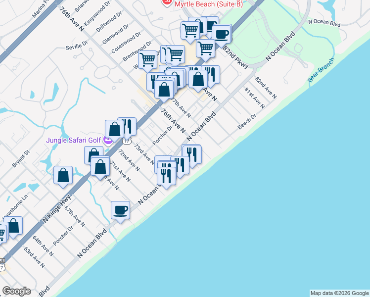 map of restaurants, bars, coffee shops, grocery stores, and more near 219 76th Avenue North in Myrtle Beach