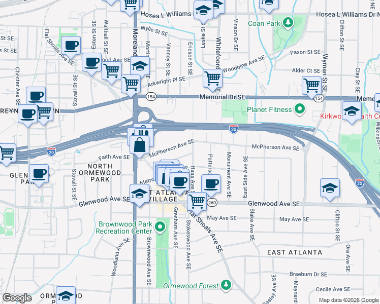 map of restaurants, bars, coffee shops, grocery stores, and more near 371 Haas Avenue Southeast in Atlanta