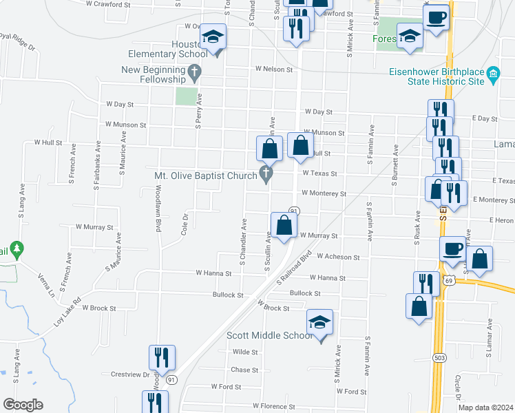 map of restaurants, bars, coffee shops, grocery stores, and more near 905 West Heron Street in Denison