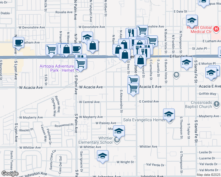 map of restaurants, bars, coffee shops, grocery stores, and more near 411 West Acacia Avenue in Hemet