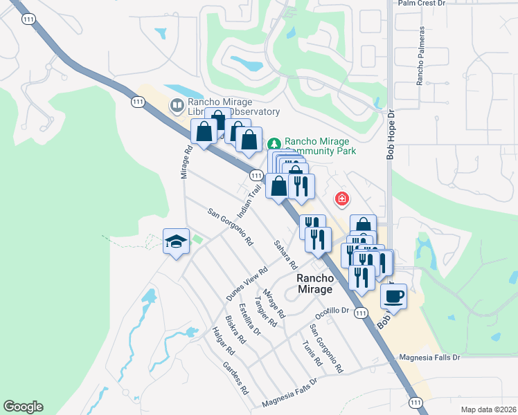map of restaurants, bars, coffee shops, grocery stores, and more near 71534 Sahara Road in Rancho Mirage
