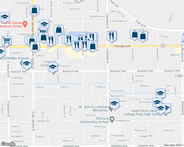 map of restaurants, bars, coffee shops, grocery stores, and more near 40835 Acacia Avenue in Hemet