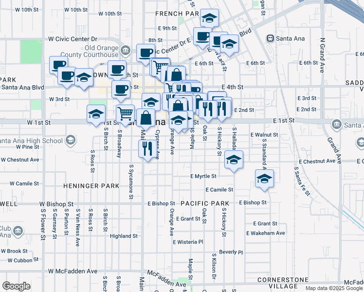 map of restaurants, bars, coffee shops, grocery stores, and more near 320 East Walnut Street in Santa Ana