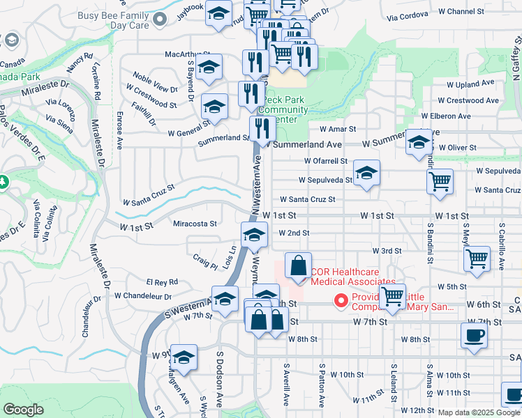 map of restaurants, bars, coffee shops, grocery stores, and more near 106 North Western Avenue in Los Angeles