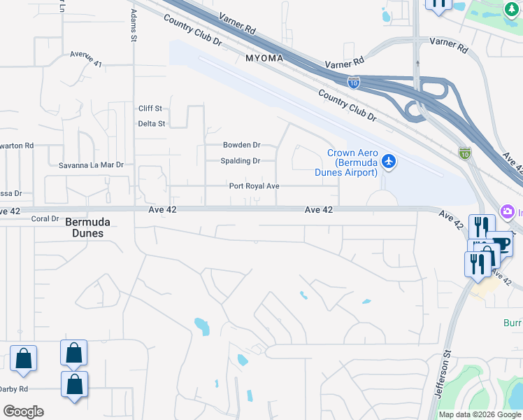 map of restaurants, bars, coffee shops, grocery stores, and more near 79421 Avenue 42 in Bermuda Dunes