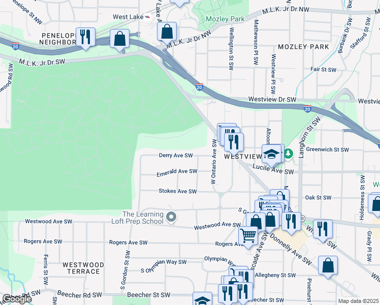 map of restaurants, bars, coffee shops, grocery stores, and more near 1649 Derry Avenue Southwest in Atlanta