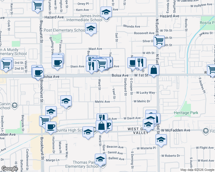 map of restaurants, bars, coffee shops, grocery stores, and more near 10561 Torrington Circle in Westminster