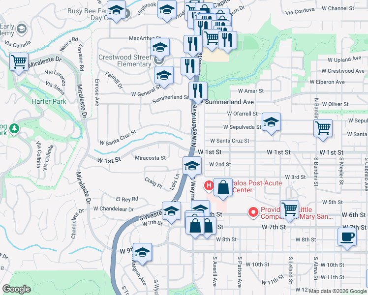 map of restaurants, bars, coffee shops, grocery stores, and more near 1516 West 1st Street in Los Angeles