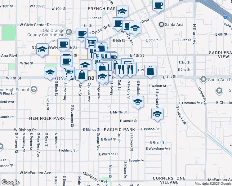 map of restaurants, bars, coffee shops, grocery stores, and more near 208 Oak Street in Santa Ana