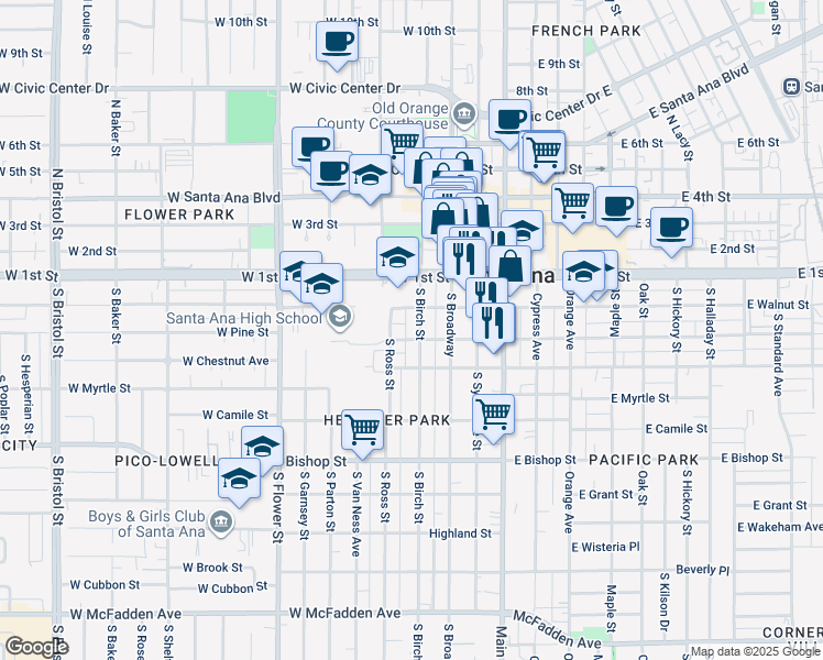 map of restaurants, bars, coffee shops, grocery stores, and more near 414 West Walnut Street in Santa Ana