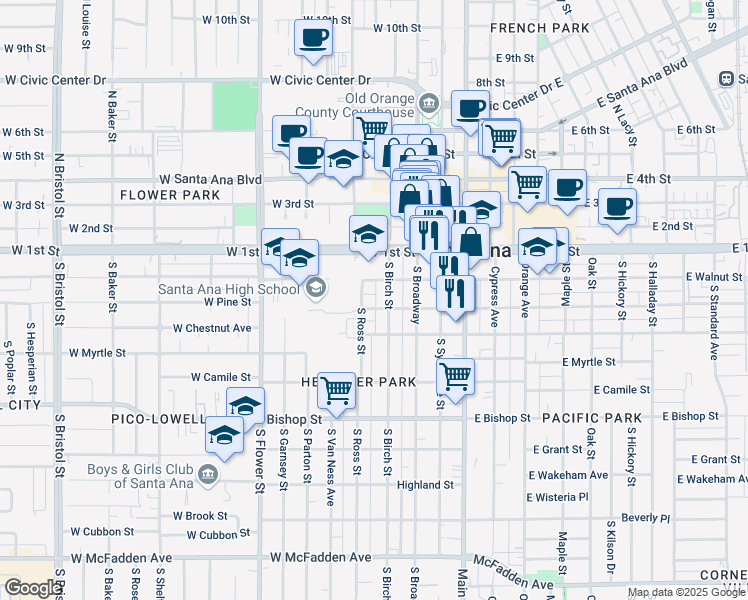 map of restaurants, bars, coffee shops, grocery stores, and more near 414 West Walnut Street in Santa Ana