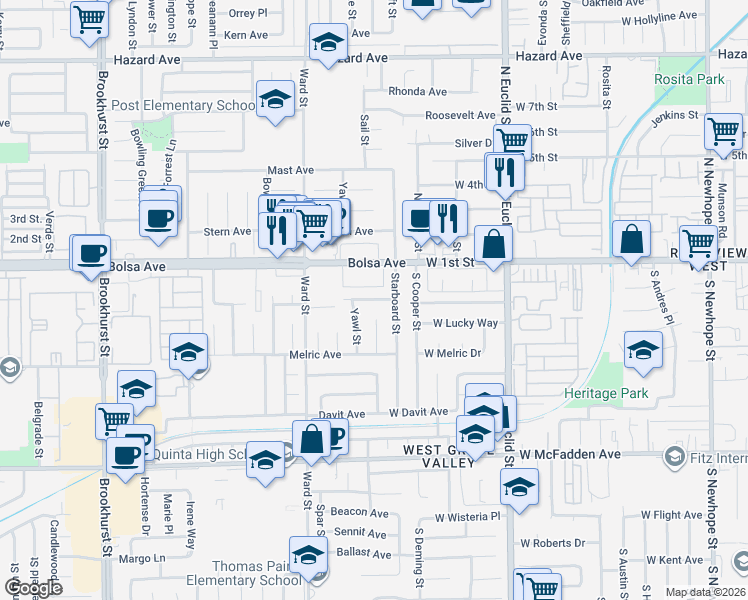 map of restaurants, bars, coffee shops, grocery stores, and more near 10691 Henderson Avenue in Garden Grove