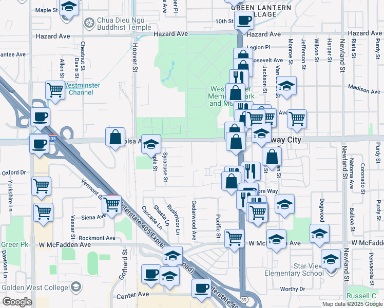 map of restaurants, bars, coffee shops, grocery stores, and more near 7750 Bolsa Avenue in Midway City