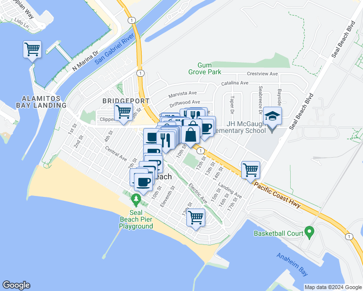 map of restaurants, bars, coffee shops, grocery stores, and more near 350 Main Street in Seal Beach