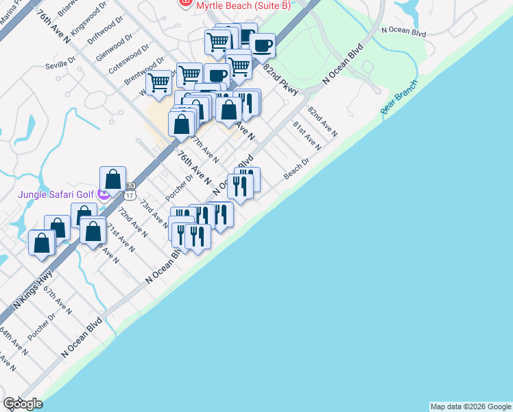 map of restaurants, bars, coffee shops, grocery stores, and more near 7704 Beach Drive in Myrtle Beach