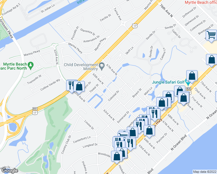 map of restaurants, bars, coffee shops, grocery stores, and more near 812 65th Avenue North in Myrtle Beach