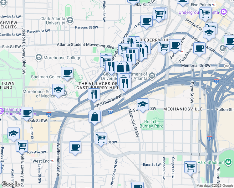 map of restaurants, bars, coffee shops, grocery stores, and more near 523 Whitehall Street Southwest in Atlanta