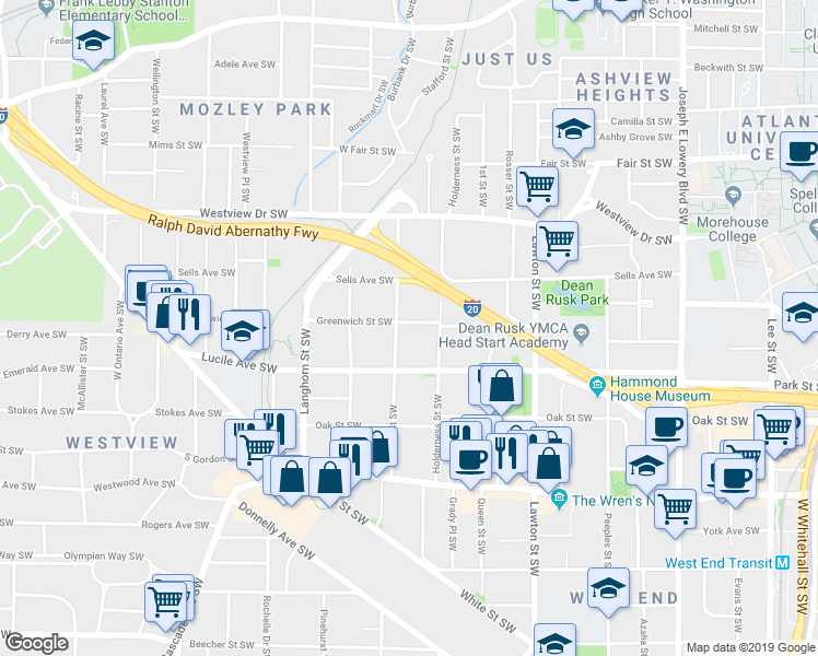 map of restaurants, bars, coffee shops, grocery stores, and more near 405 Atwood Street Southwest in Atlanta
