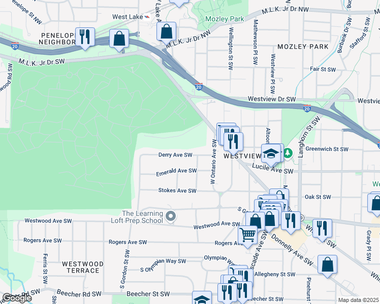 map of restaurants, bars, coffee shops, grocery stores, and more near 1649 Derry Avenue Southwest in Atlanta