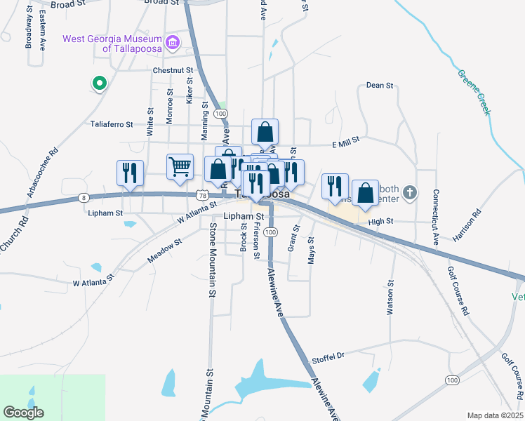 map of restaurants, bars, coffee shops, grocery stores, and more near in Tallapoosa