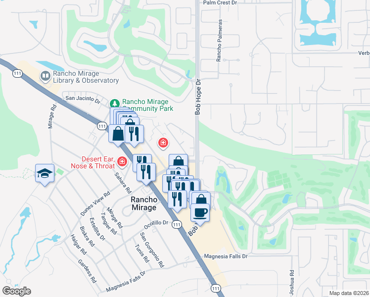 map of restaurants, bars, coffee shops, grocery stores, and more near 71922 Eleanora Lane in Rancho Mirage
