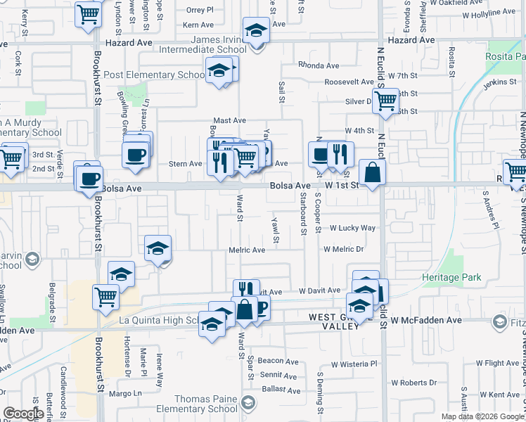 map of restaurants, bars, coffee shops, grocery stores, and more near 10561 Torrington Circle in Westminster
