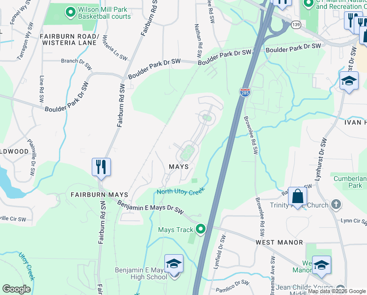 map of restaurants, bars, coffee shops, grocery stores, and more near 588 Lofty Lane in Atlanta