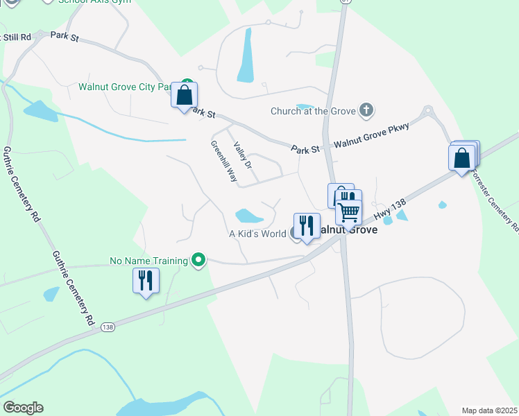 map of restaurants, bars, coffee shops, grocery stores, and more near 419 Vista Way in Loganville