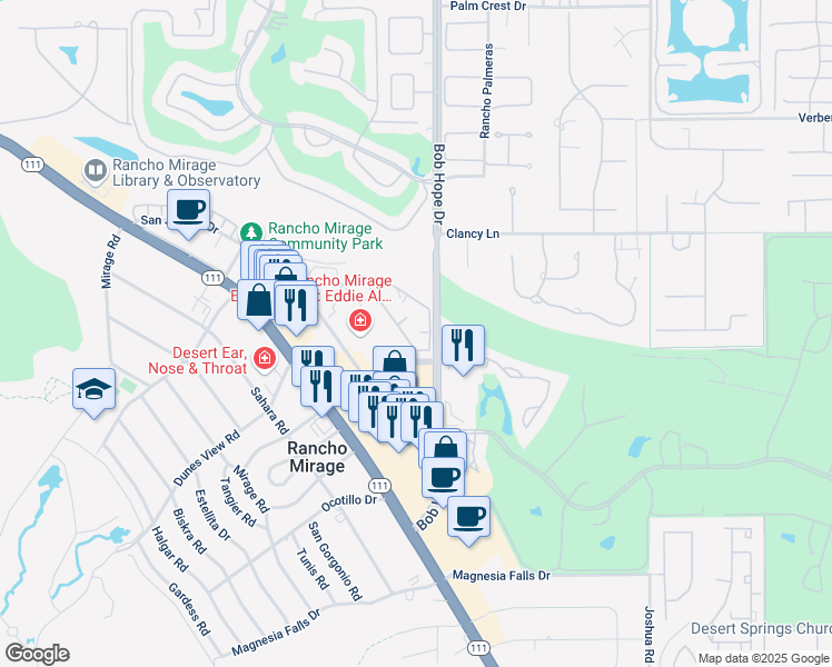 map of restaurants, bars, coffee shops, grocery stores, and more near 71948 Eleanora Lane in Rancho Mirage