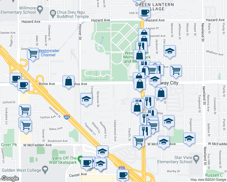 map of restaurants, bars, coffee shops, grocery stores, and more near 7750 Bolsa Avenue in Midway City