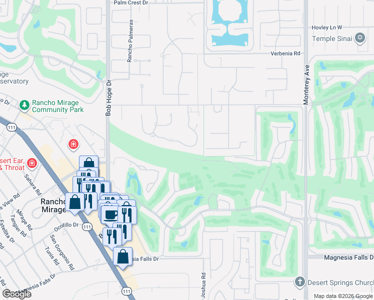 map of restaurants, bars, coffee shops, grocery stores, and more near 20 Clancy Lane South in Rancho Mirage